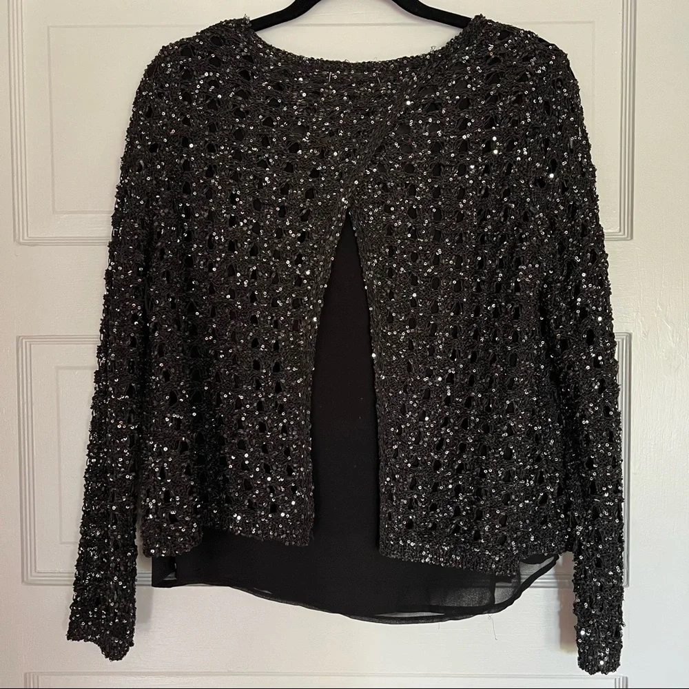 NWT Black Sequin Knit & Chiffon Lightweight Sweater Top - Holiday Style - Picture 6 of 11